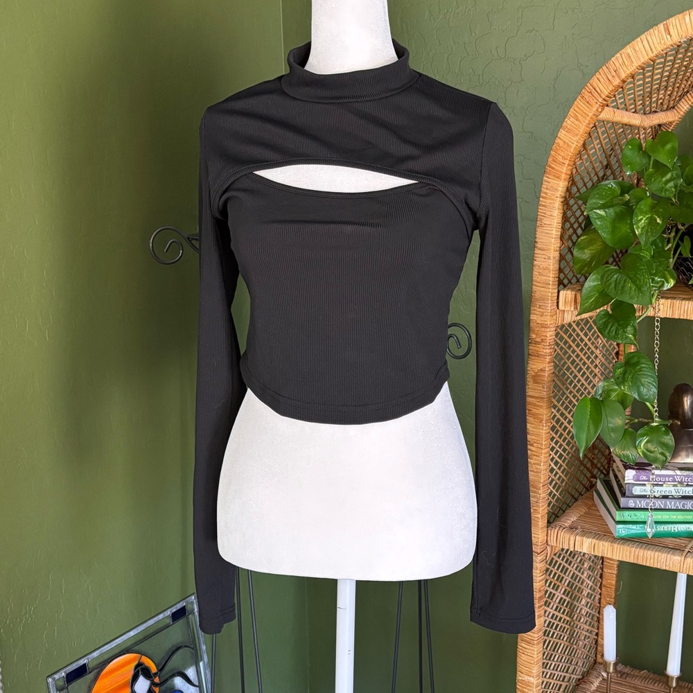 Unlabeled Stretchy Long Sleeve Chest Cutout Mock Neck Crop Black Top